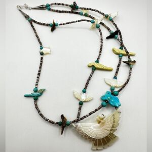 Amazing Zuni-style Fetish necklace with heishi shell, turquoise, stone beads!